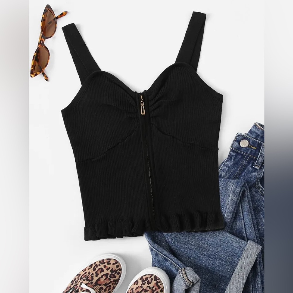 Rib Knit Crop Top with Front Zipper